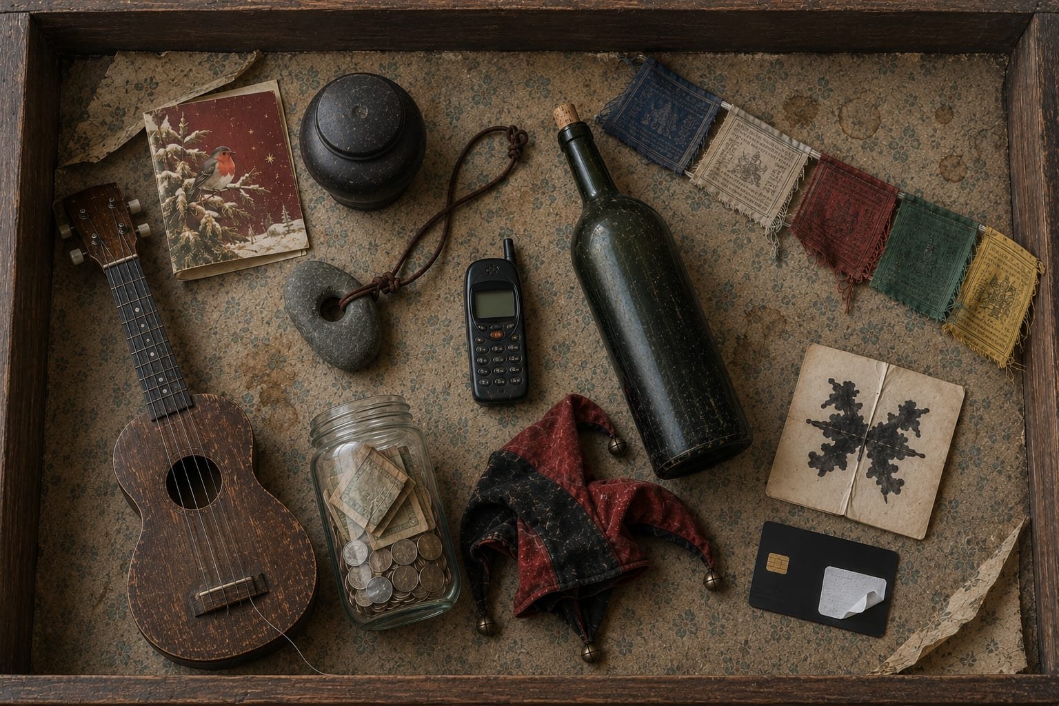 An open wooden drawer photographed from above, lined with faded floral paper, holding eleven keepsakes: a ukulele, a 1996 Christmas card, a black urn, a hagstone on a leather cord, an old Nokia phone, a jar of coins and notes, a jester hat, an unlabelled dark wine bottle, a string of prayer flags, a folded inkblot card, and a black bank card.